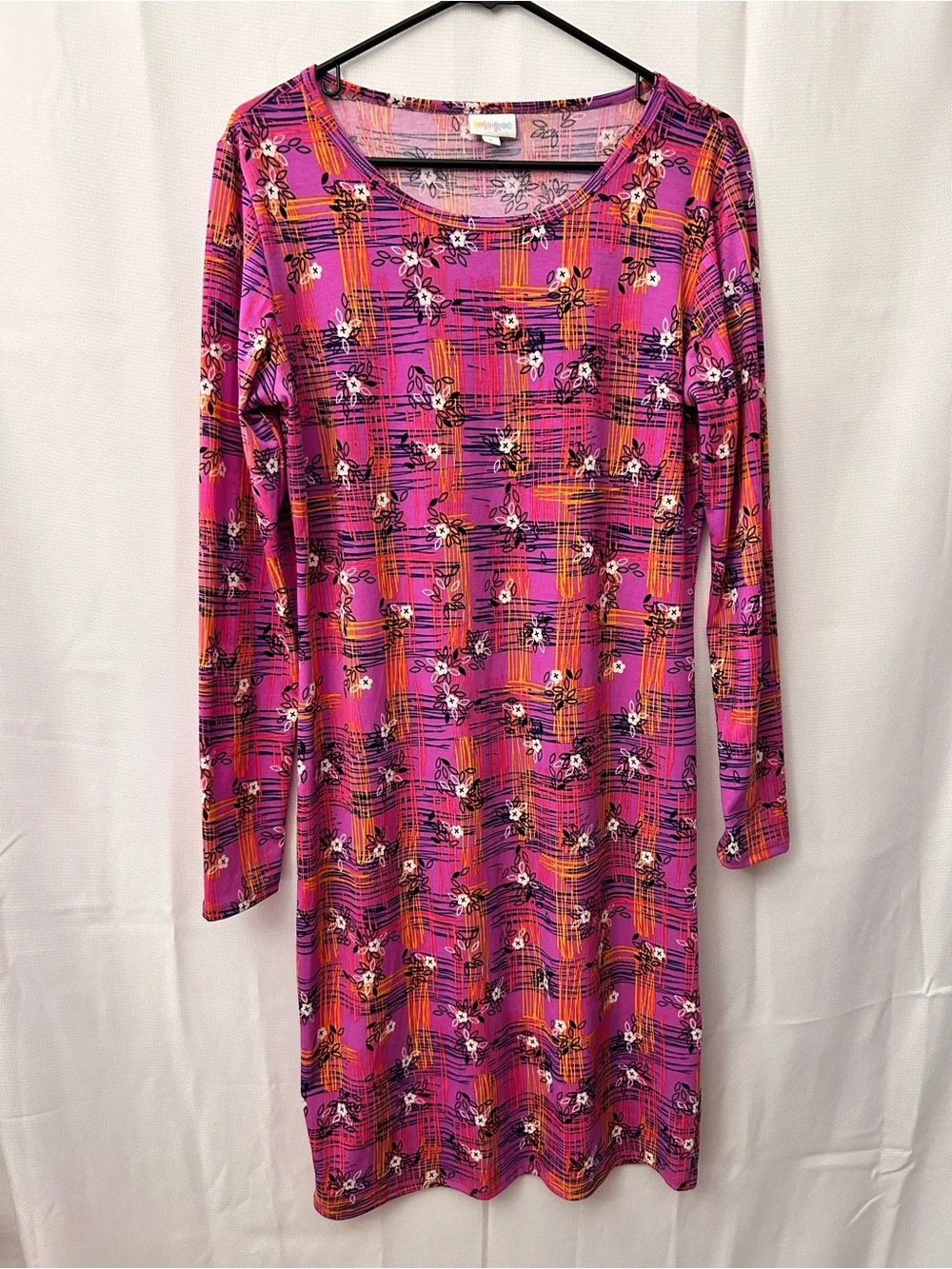 LuLaRoe Purple Floral Plaid Long Sleeve Dress
